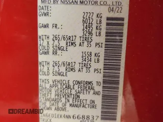 2022 Nissan Frontier S with VIN 1N6ED1EK4NN668837, listed as a Copart auction lot 45220995 with 35,300 mi miles and Salvage title. Bid and sale history available at DreamBid. Image 14.