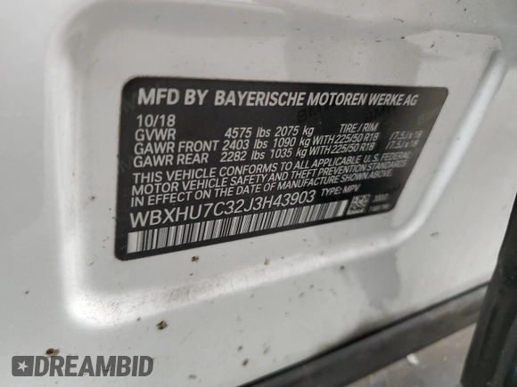 2018 BMW X1 sDrive28i with VIN WBXHU7C32J3H43903, listed as a Copart auction lot 45000375 with 76,158 mi miles and Salvage Title. Bid and sale history available at carsss.com. Image 14.