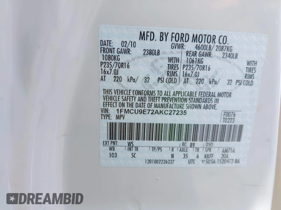 2010 Ford Escape Limited with VIN 1FMCU9E72AKC27235, listed as a IAAI auction lot 42378666 with 112,991 mi miles and . Bid and sale history available at DreamBid. Image 9.