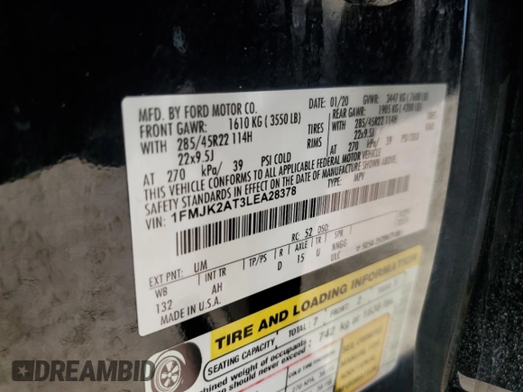 2020 Ford Expedition Max Limited with VIN 1FMJK2AT3LEA28378, listed as a Copart auction lot 52547785 with 200,084 mi miles and Salvage title. Bid and sale history available at DreamBid. Image 13.