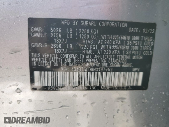 2022 Subaru Outback Onyx XT z VIN 4S4BTGLD8N3197752, wystawiony jako Copart lot #46390945 z przebiegiem 34 490 mil mil oraz Szkoda całkowita • Salvage title. Historia ofert i sprzedaży dostępna na DreamBid. Obrazek 14.