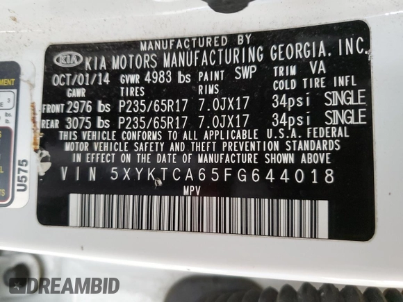 2015 Kia Sorento LX z VIN 5XYKTCA65FG644018, wystawiony jako Copart lot #60134275 z przebiegiem 96 892 mil mil oraz Nie do naprawy • Non repairable. Historia ofert i sprzedaży dostępna na DreamBid. Obrazek 14.