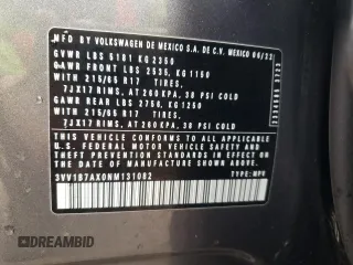 2022 Volkswagen Tiguan S z VIN 3VV1B7AX0NM131082, wystawiony jako Copart lot #47800415 z przebiegiem 59 966 mil mil oraz Szkoda całkowita • Salvage title. Historia ofert i sprzedaży dostępna na DreamBid. Obrazek 13.