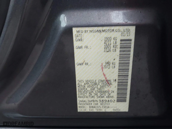 2015 Nissan Altima 2.5 with VIN 1N4AL3AP8FN389402, listed as a IAAI auction lot 41466809 with 178,505 mi miles. Bid and sale history available at carsss.com. Image 9.