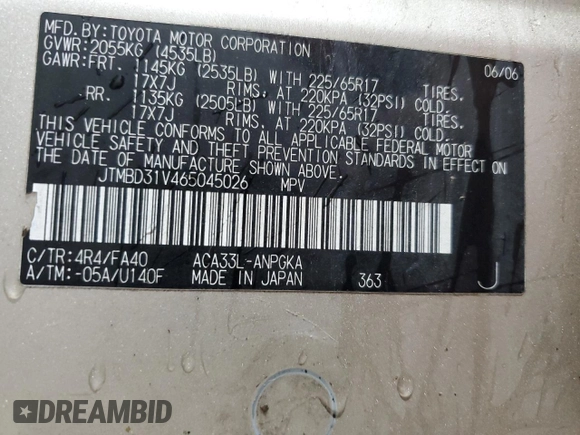 2006 Toyota RAV4 Limited with VIN JTMBD31V465045026, listed as a Copart auction lot 59300105 with 183,224 mi miles and Salvage title. Bid and sale history available at DreamBid. Image 13.
