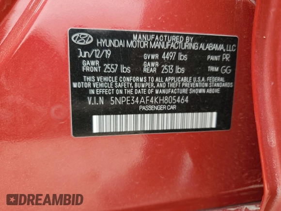 2019 Hyundai Sonata SEL with VIN 5NPE34AF4KH805464, listed as a Copart auction lot 50806735 with 73,112 mi miles and Salvage Title. Bid and sale history available at DreamBid. Image 13.
