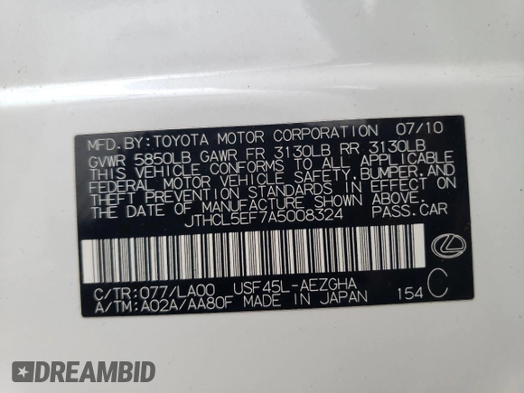 2010 Lexus LS 460 with VIN JTHCL5EF7A5008324, listed as a Copart auction lot 53737905 with 127,097 mi miles and Salvage title. Bid and sale history available at DreamBid. Image 12.