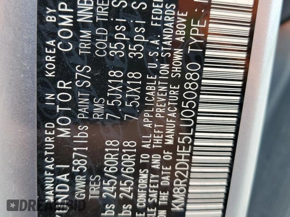 2020 Hyundai Palisade SEL with VIN KM8R2DHE5LU050880, listed as a Copart auction lot 59741845 with 72,128 mi miles and Salvage title. Bid and sale history available at DreamBid. Image 13.