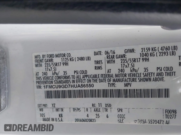 2017 Ford Escape SE with VIN 1FMCU9GD7HUA56550, listed as a IAAI auction lot 41779624 with 133,231 mi miles. Bid and sale history available at carsss.com. Image 9.