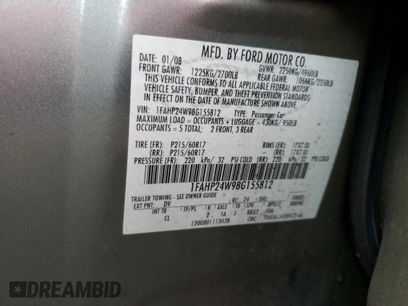 2008 Ford Taurus SEL with VIN 1FAHP24W98G155812, listed as a Copart auction lot 79037984 with 93,750 mi miles and Salvage Title. Bid and sale history available at carsss.com. Image 12.