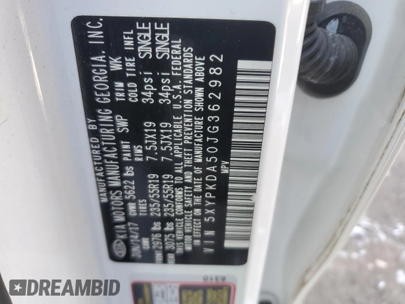 2018 Kia Sorento SX with VIN 5XYPKDA50JG362982, listed as a Copart auction lot 89136045 with 107,943 mi miles and Salvage Title. Bid and sale history available at DreamBid. Image 13.