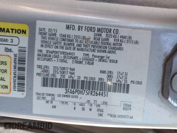 2015 Ford Fusion SE with VIN 3FA6P0H75FR264451, listed as a IAAI auction lot 41970406 with 186,644 mi miles. Bid and sale history available at carsss.com. Image 9.