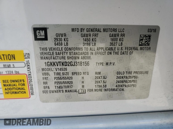 2016 GMC Acadia Denali with VIN 1GKKVTKD2GJ318156, listed as a Copart auction lot 49476315 with 170,372 mi miles and Salvage Title. Bid and sale history available at carsss.com. Image 14.