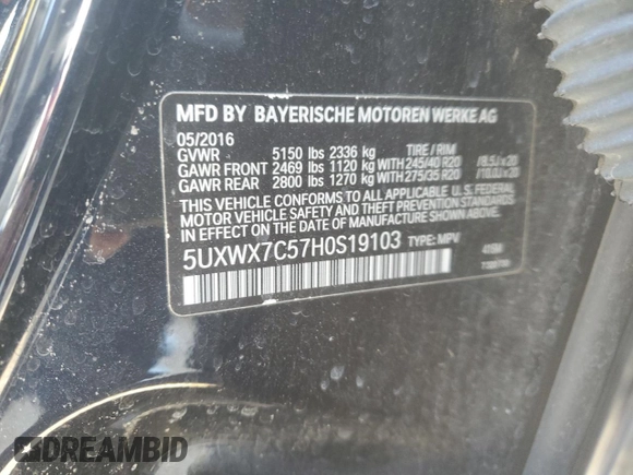 2017 BMW X3 xDrive35i with VIN 5UXWX7C57H0S19103, listed as a Copart auction lot 43017355 with 121,084 mi miles and Salvage Title. Bid and sale history available at DreamBid. Image 14.