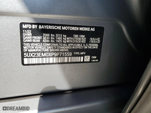 2023 BMW X7 xDrive40i with VIN 5UX23EM0XP9P71559, listed as a Copart auction lot 47809815 with 0 mi miles and Salvage Title. Bid and sale history available at carsss.com. Image 16.