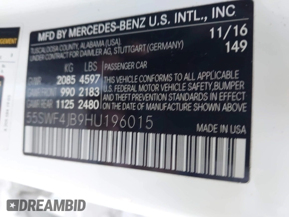 2017 Mercedes-Benz C 300 with VIN 55SWF4JB9HU196015, listed as a IAAI auction lot 41808605 with 121,378 mi miles and . Bid and sale history available at DreamBid. Image 9.