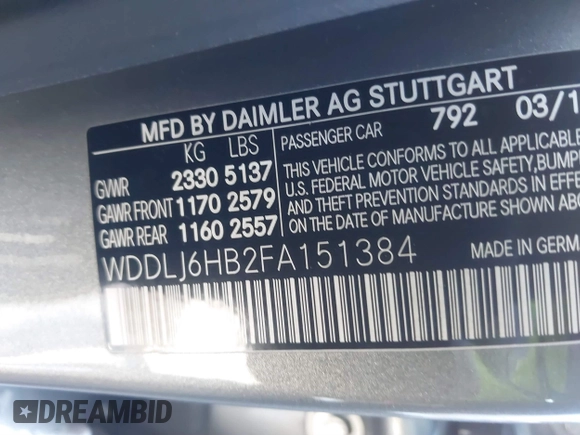 2015 Mercedes-Benz CLS 400 with VIN WDDLJ6HB2FA151384, listed as a IAAI auction lot 41114918 with 15,070 mi miles and . Bid and sale history available at DreamBid. Image 9.