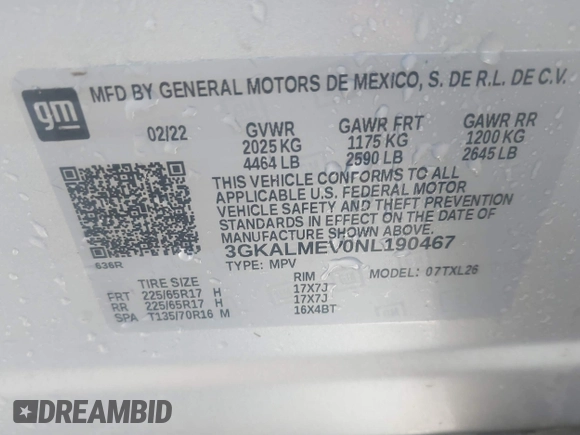 2022 GMC Terrain SLE z VIN 3GKALMEV0NL190467, wystawiony jako IAAI lot #41608547 z przebiegiem 54 926 mil mil oraz . Historia ofert i sprzedaży dostępna na DreamBid. Obrazek 9.