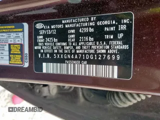 2013 Kia Optima EX with VIN 5XXGN4A71DG127699, listed as a Copart auction lot 59742405 with Not provided miles and Clean title. Bid and sale history available at DreamBid. Image 13.