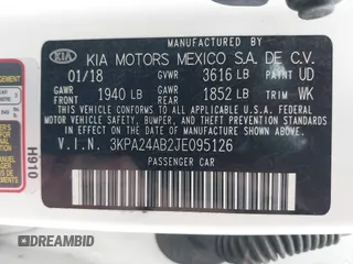2018 Kia Rio LX with VIN 3KPA24AB2JE095126, listed as a IAAI auction lot 41954261 with 50,590 mi miles. Bid and sale history available at carsss.com. Image 9.