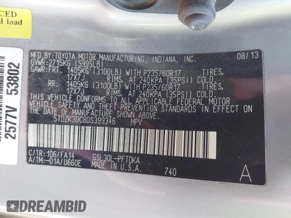 2013 Toyota Sienna L with VIN 5TDZK3DC8DS399346, listed as a IAAI auction lot 41312294 with 160,332 mi miles and . Bid and sale history available at DreamBid. Image 9.