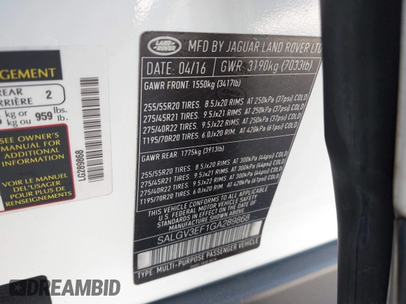 2016 Land Rover Range Rover with VIN SALGV3EF1GA289868, listed as a IAAI auction lot 42008075 with 79,472 mi miles and . Bid and sale history available at DreamBid. Image 9.