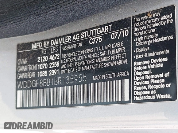 2011 Mercedes-Benz C 300 Sport with VIN WDDGF8BB1BR135955, listed as a IAAI auction lot 41983508 with 214,823 mi miles and . Bid and sale history available at DreamBid. Image 9.