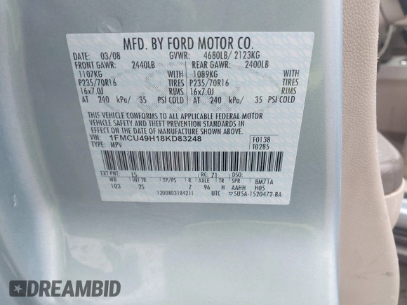 2008 Ford Escape Hybrid z VIN 1FMCU49H18KD83248, wystawiony jako IAAI lot #42188557 z przebiegiem 228 784 mil mil oraz . Historia ofert i sprzedaży dostępna na DreamBid. Obrazek 9.