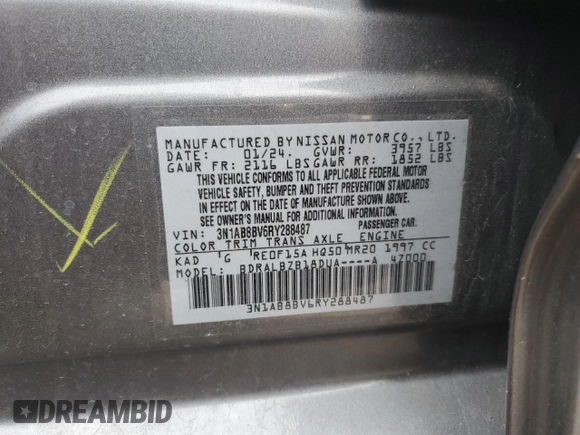 2024 Nissan Sentra S with VIN 3N1AB8BV6RY288487, listed as a Copart auction lot 51059505 with 33,195 mi miles and Salvage Title. Bid and sale history available at carsss.com. Image 13.
