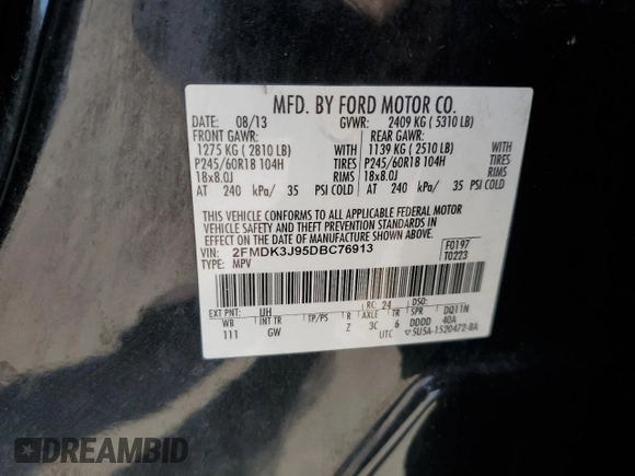 2013 Ford Edge SEL with VIN 2FMDK3J95DBC76913, listed as a Copart auction lot 51954075 with 124,512 mi miles and Salvage Title. Bid and sale history available at carsss.com. Image 13.