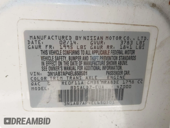 2014 Nissan Sentra SV with VIN 3N1AB7AP4EL650501, listed as a IAAI auction lot 42338291 with 162,100 mi miles and . Bid and sale history available at DreamBid. Image 9.