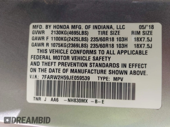 2018 Honda CR-V EX with VIN 7FARW2H59JE059539, listed as a IAAI auction lot 41895078 with 132,631 mi miles and . Bid and sale history available at DreamBid. Image 9.