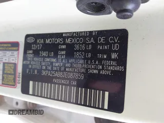 2018 Kia Rio LX with VIN 3KPA25AB8JE087859, listed as a IAAI auction lot 41399650 with 57,770 mi miles and . Bid and sale history available at DreamBid. Image 9.