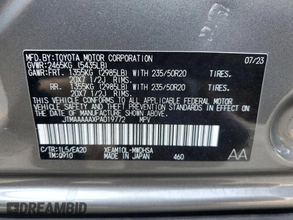 2023 Toyota bZ4X XLE with VIN JTMAAAAAXPA019772, listed as a Copart auction lot 85053124 with 9,591 mi miles and Salvage Title. Bid and sale history available at DreamBid. Image 13.
