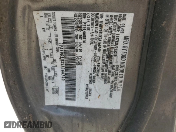 2002 Ford Taurus SES Standard with VIN 1FAFP55UX2A166740, listed as a Copart auction lot 61257665 with 170,448 mi miles and Salvage title. Bid and sale history available at DreamBid. Image 12.