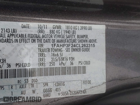 2012 Ford Focus SE with VIN 1FAHP3F24CL262315, listed as a IAAI auction lot 41928594 with 230,547 mi miles and . Bid and sale history available at DreamBid. Image 9.