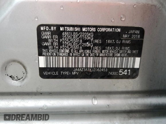 2018 Mitsubishi Outlander ES z VIN JA4AZ3A3XJZ062453, wystawiony jako Copart lot #55823265 z przebiegiem 59 084 mil mil oraz Szkoda całkowita • Salvage title. Historia ofert i sprzedaży dostępna na DreamBid. Obrazek 12.