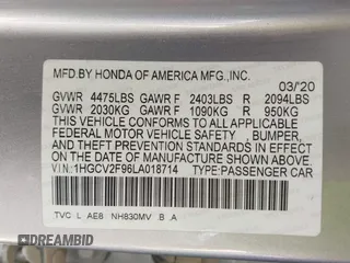 2020 Honda Accord Touring with VIN 1HGCV2F96LA018714, listed as a IAAI auction lot 42084295 with 74,861 mi miles and . Bid and sale history available at DreamBid. Image 9.