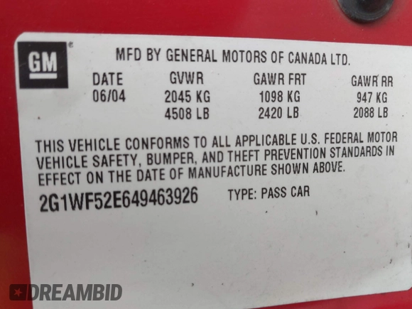 2004 Chevrolet Impala with VIN 2G1WF52E649463926, listed as a IAAI auction lot 41971628 with Not Provided miles and . Bid and sale history available at DreamBid. Image 9.