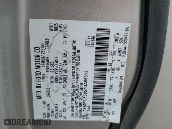 2007 Ford Explorer Sport Trac Limited with VIN 1FMEU53857UA96313, listed as a Copart auction lot 62613825 with 200,413 mi miles and Clean title. Bid and sale history available at DreamBid. Image 12.