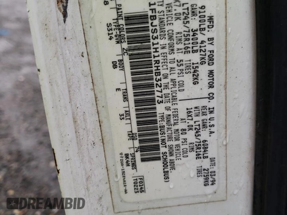 1994 Ford Econoline Wagon XL z VIN 1FBJS31H1RHB32773, wystawiony jako Copart lot #82008864 z przebiegiem Nie podano mil oraz Tytuł czysty. Historia ofert i sprzedaży dostępna na DreamBid. Obrazek 13.
