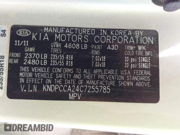 2012 Kia Sportage EX with VIN KNDPCCA24C7255785, listed as a IAAI auction lot 42620042 with 139,936 mi miles and . Bid and sale history available at DreamBid. Image 9.