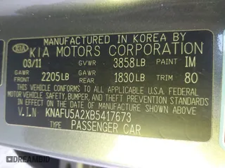 2011 Kia Forte 5-Door EX with VIN KNAFU5A2XB5417673, listed as a IAAI auction lot 41825573 with 129,811 mi miles. Bid and sale history available at carsss.com. Image 9.