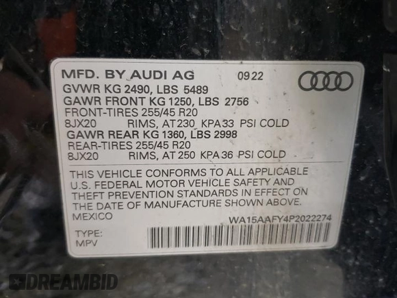2023 Audi Q5 Sportback S line Premium Plus with VIN WA15AAFY4P2022274, listed as a Copart auction lot 54780165 with 37,836 mi miles and Salvage title. Bid and sale history available at DreamBid. Image 14.