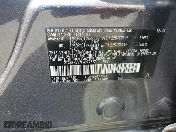 2015 Toyota RAV4 LE с VIN 2T3BFREV7FW272727, выставлен на аукционе Copart как лот 63307965 с пробегом 51 467 миль миль и Списание • Salvage title. История ставок и продаж доступна на DreamBid. Изображение 14.