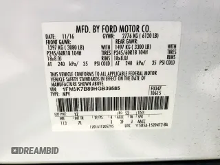 2017 Ford Explorer с VIN 1FM5K7B89HGB39585, выставлен на аукционе Copart как лот 61387015 с пробегом 73 044 миль миль и Списание • Salvage title. История ставок и продаж доступна на DreamBid. Изображение 14.