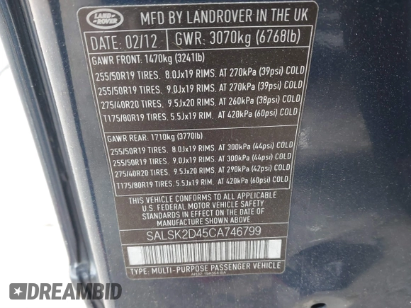 2012 Land Rover Range Rover Sport HSE Lux with VIN SALSK2D45CA746799, listed as a IAAI auction lot 41352304 with 101,810 mi miles and . Bid and sale history available at DreamBid. Image 9.