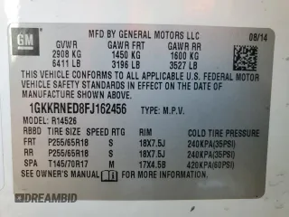 2015 GMC Acadia SLE with VIN 1GKKRNED8FJ162456, listed as a Copart auction lot 47795995 with 120,020 mi miles and Salvage Title. Bid and sale history available at DreamBid. Image 14.