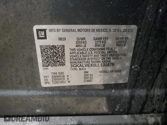 2020 GMC Terrain SLT with VIN 3GKALVEX0LL131679, listed as a Copart auction lot 53706415 with 105,057 mi miles and Salvage Title. Bid and sale history available at carsss.com. Image 13.