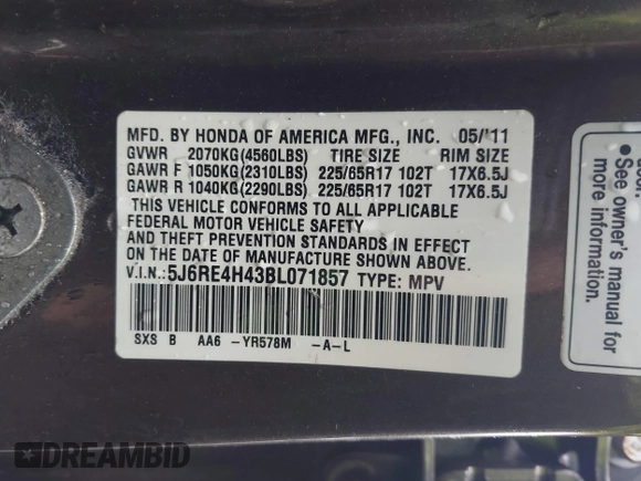 2011 Honda CR-V SE with VIN 5J6RE4H43BL071857, listed as a IAAI auction lot 42187955 with 224,774 mi miles and . Bid and sale history available at DreamBid. Image 9.